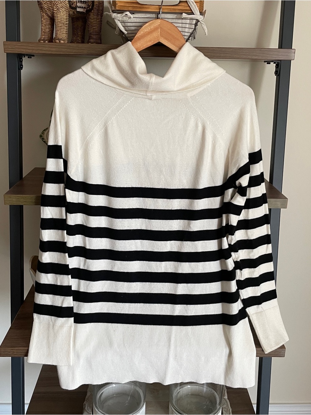 Cyrus Black and Lite Cream Striped Cowl Neck Sweater, XL - Picture 8 of 9
